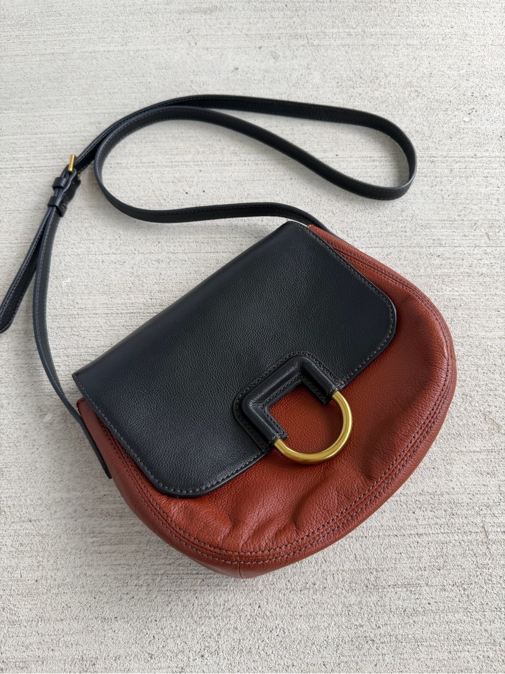 FOSSIL Leather Crossbody Bag Black Brown Colorblock Saddle Purse AdjustableStrap
